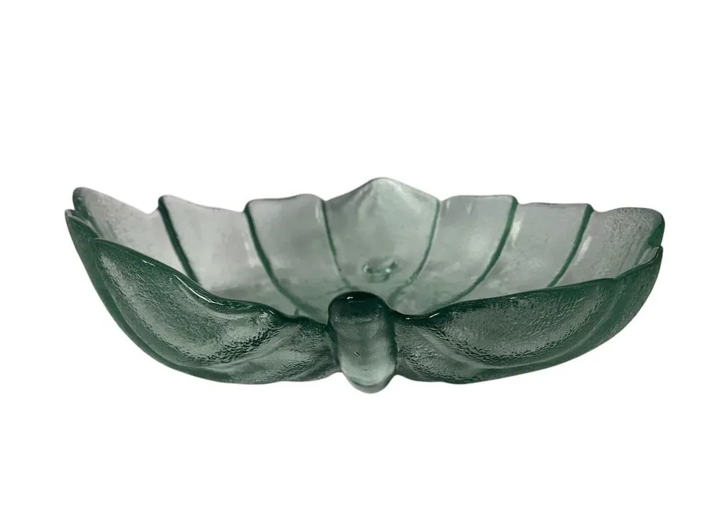 VTG MCM RETRO DEPRESSION GREEN LEAF FOOTED large GLASS BOWL DISH ART DECOR